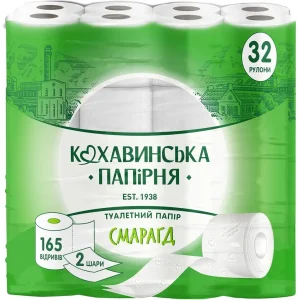 Папір туалетний целюлозний білий "Смарагд" - 2-х шаровий, 32 рулони